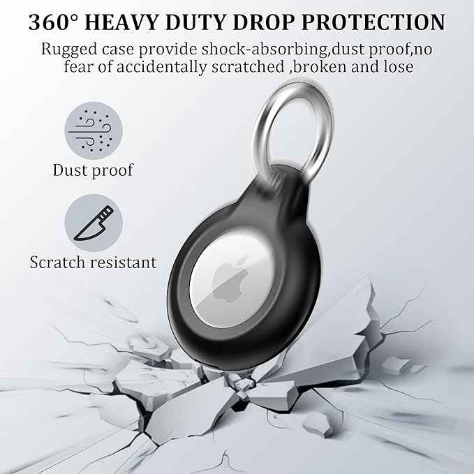 4 Pack IPX8 Waterproof Compatible with AirTag Keychain Holder Case,Lightweight, Anti-Scratch,Easy Installation,Soft Full-Body Shockproof for Luggage,Keys,Dog Collar(Clear/Black/Black/Blue)