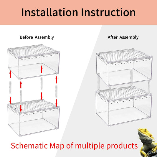 【No Assembly】 Reptile Tank Enclosure with Magnetic Button.12" * 8" * 6" Thicken Snake Enclosure Cage,Batch Stackable Reptile Breeding Tank for Insect,Fish,Tarantula,Hermit Crab,Jumping Spider