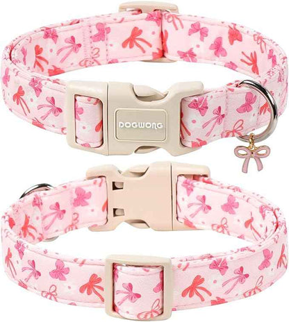DOGWONG Pink Dog Collar, Cute Flower Girl Female Dog Collar Adjustable Soft Bowtie Print Pet Dog Collar for Small Dogs,S