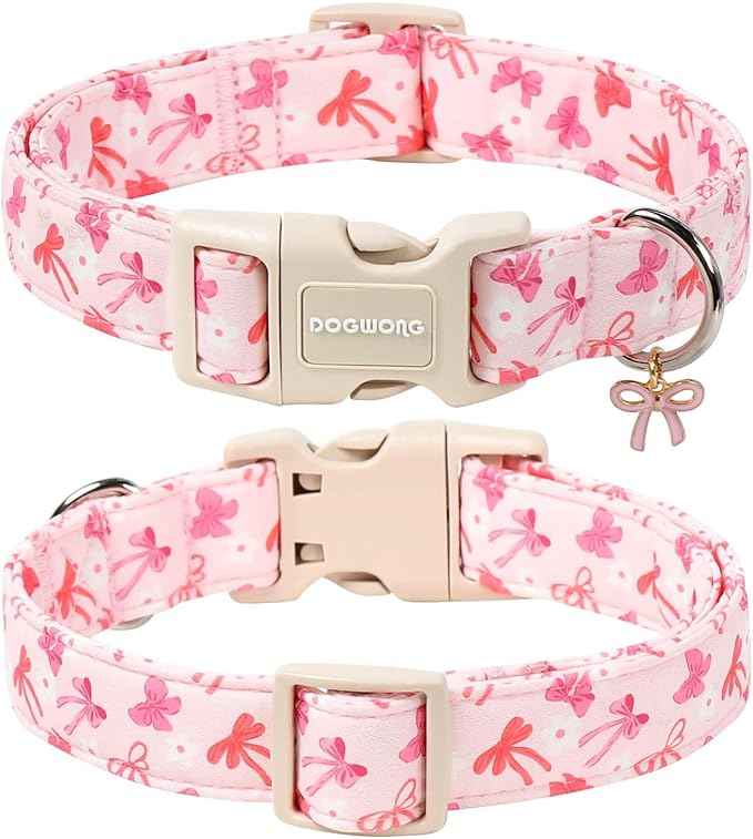 DOGWONG Pink Dog Collar, Cute Flower Girl Female Dog Collar Adjustable Soft Bowtie Print Pet Dog Collar for Medium Dogs,M