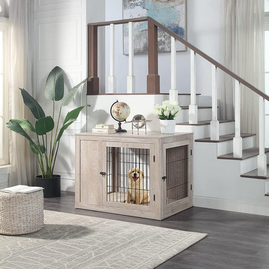 unipaws 41 Inch Furniture Style Dog Crate for Medium Large Dogs, Indoor Aesthetic Dog Stuff Kennel, Modern Wood Wire Cage, Pretty Cute End Side Table Nightstand, Weathered Grey