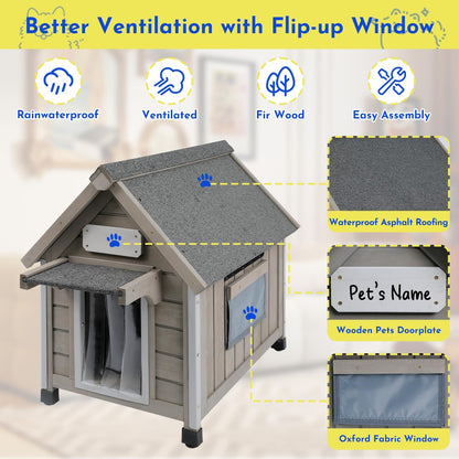 Outdoor Dog House Weatherproof Large Wooden Dog Kennel Indoor for Small Dogs with Chew-Proof Frame, Oxford Fabric Window, Removable Floor Pet Shelter (Grey, 18.1" D x 25.2" W x 24" H)