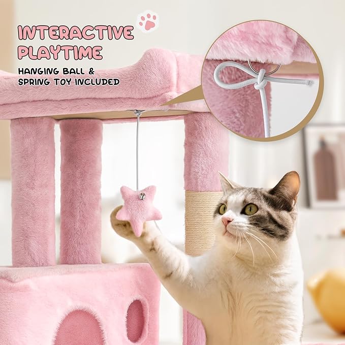 MoNiBloom 36 Inch Cat Tree Tower with Condo, Small Cat Tower with Scratching Post & Sisal-Covered Scratching Board, Climbing Tower with Hammock, for Indoor Cats, Soft Pink
