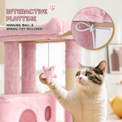 MoNiBloom 36 Inch Cat Tree Tower with Condo, Small Cat Tower with Scratching Post & Sisal-Covered Scratching Board, Climbing Tower with Hammock, for Indoor Cats, Soft Pink