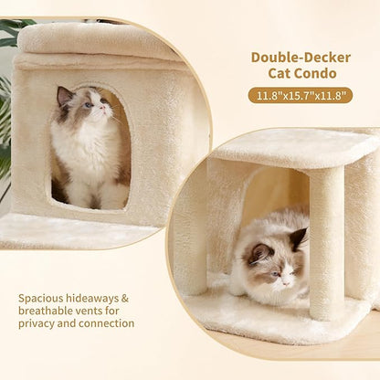 Heybly Cat Tree, 25.6-inch Cat Tower with Spacious Top Perch for Large Cats, Stair-Style Cat House Furniture with Dual-Layer Condos, Sisal Scratching Posts, Cozy Basket & Pompom, Beige HCT204SM