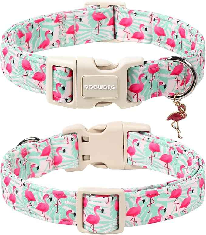 DOGWONG Pink Flamingo Dog Collar Spring Puppy Collars for Small Girl Boy Dogs Durable Soft Adjustable Dog Collar for Small Medium Large Dogs,XL