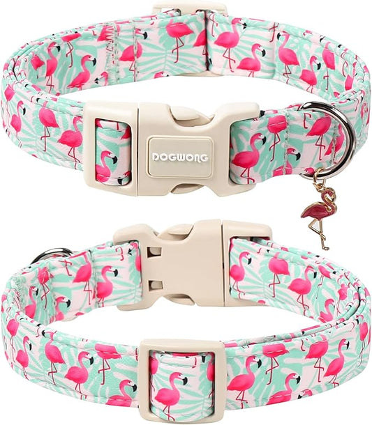 DOGWONG Pink Flamingo Dog Collar Spring Puppy Collars for Small Girl Boy Dogs Durable Soft Adjustable Dog Collar for Small Medium Large Dogs,XS