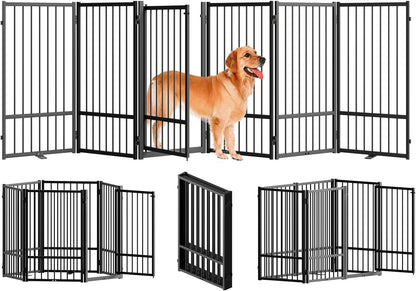 Full Metal Freestanding Dog Gate with Door, 32''Height Foldable Pet Dog Fence for Indoor & Outdoor, 6 Panels Extra Wide Free Standing TallDog Gates for Doorways,House,Stairs,Porch,Deck,Yard