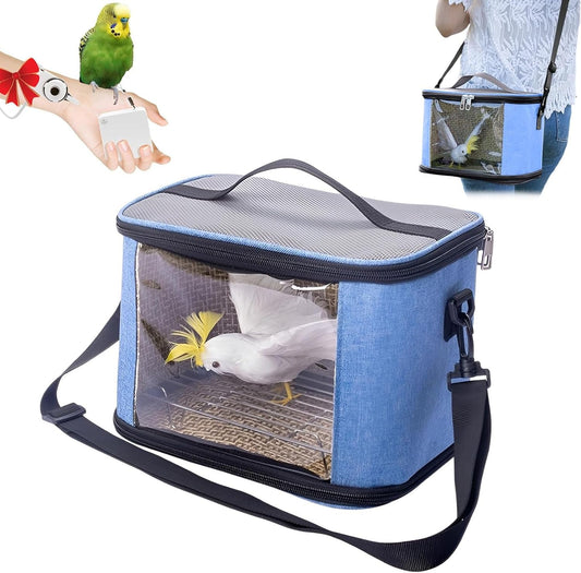 Bird Travel Carrierm, Small Bird Travel Backpack Carrier Cage with Tray and Breathable Clear Window, for Parakeet Cockatiel Budgies, for Camping Hiking (Blue)