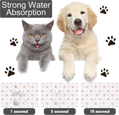 Pink Dog Paw Pet Feeding Mat for Floors-Absorbent Dog Bowl Mat for Food and Water, Quick Dry Pet Cat Feeding Mats with Non Slip Bottom, Mess-Free Dog Accessories 16"x24"