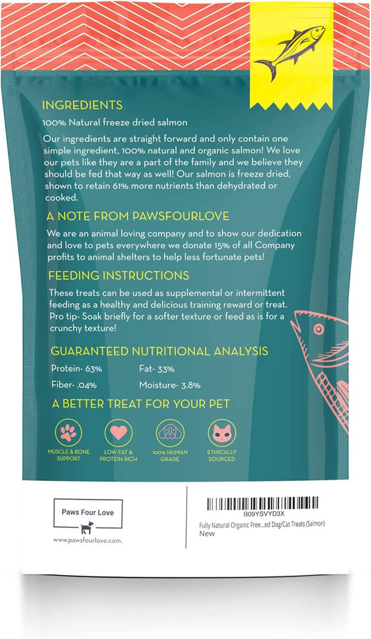 Organic Freeze Dried Dog & Cat Treats - Single Ingredient, Grain Free Food Toppers for Healthy Pets, No Fillers or Preservatives (1 Bag, Salmon)