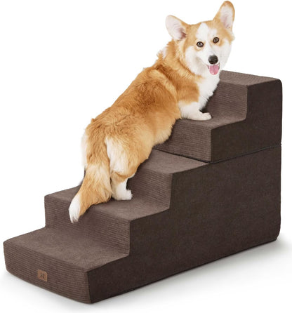 Dog Stairs for High Bed, Dog Steps for Bed Couch Sofa, 35D Foam Pet Steps for Small Dogs and Cats, Extra Wide Pet Stairs with Non-Slip Bottom Brown, 5 Steps