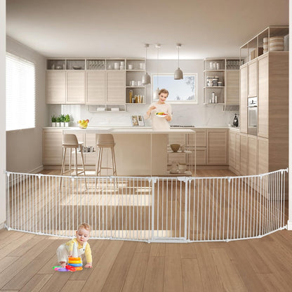Extra Wide Baby Gate, 30" Tall 189" Wide Configurable Baby Gate Fireplace Safety Fence, Metal Pet Safety Playpen for Toddler/Pet/Dog Christmas Tree Fence (Whtie, 8-Panel)
