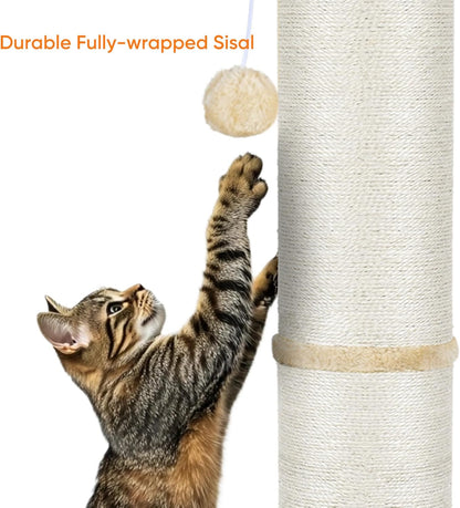 PAWSCRAT Cat Scratching Post 32" Tall, Large Diameter Natural Sisal Cat Scratch Post with Dangling Ball, Scratch-Resistant and Durable Tall Cat Scratcher for Indoor Cats, Protect Your Furniture, Beige
