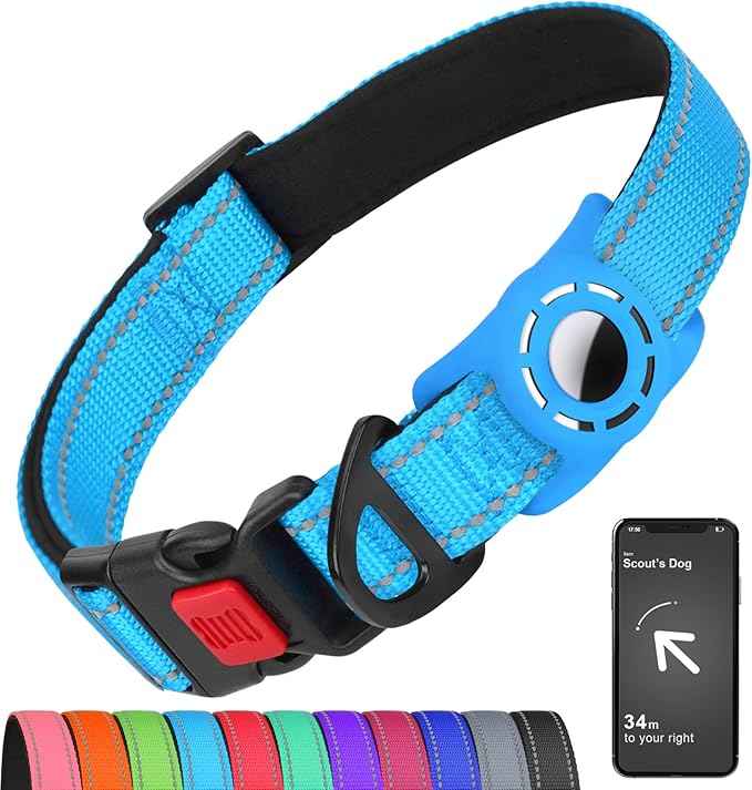 AirTag Dog Collar with AirTag Holder Compatible for Air Tag, Reflective Soft Padded, Safety Locking Buckle, Adjustable Nylon for Small Medium Large Dogs (SkyBlue,M)