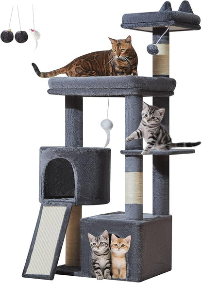 Taoqimiao Cat Tree for Indoor Cats, 55.1In Sturdy Cat Tower, Large Platform, Rotatable Round Condo with Large Scratch Board, Extended Cat House, Thickened Full-Sisal Scratching Post, Smoky Gray, F10G