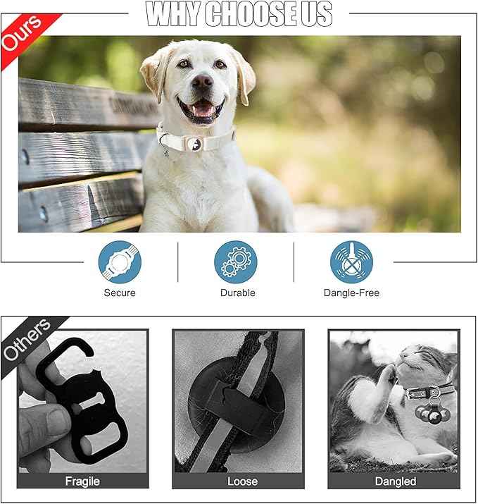 DOGWONG Airtag Cotton Hemp Dog Collar, Heavy-Duty Dog Collar with Airtag Holder White Natural Fabric Pet Cute Puppy Necklace for Small Medium Large Dogs