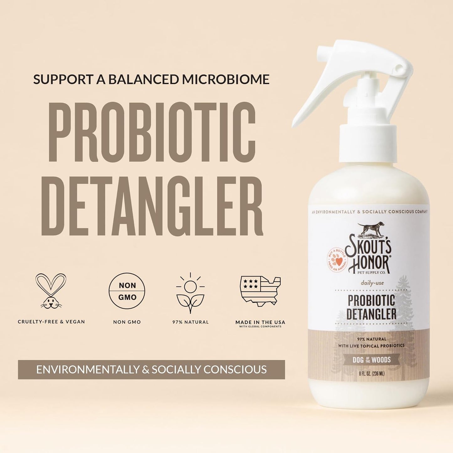 Skout's Honor Probiotic Pet Detangler Spray - Hydrating & Conditioning with Avocado Oil, 97% Natural, Paraben & Sulfate-Free, softens for a More brushable Coat, Daily Use, 8oz, Dog of The Woods