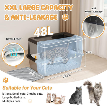 Stainless Steel Litter Box with Lid, Extra Large Cat Box with high Sides, Kitty Litter Pan Enclosure, top Entry Cat Litter Box Extra Large with Litter Scoop & Litter Mat, Anti-Leakage (XL Black)