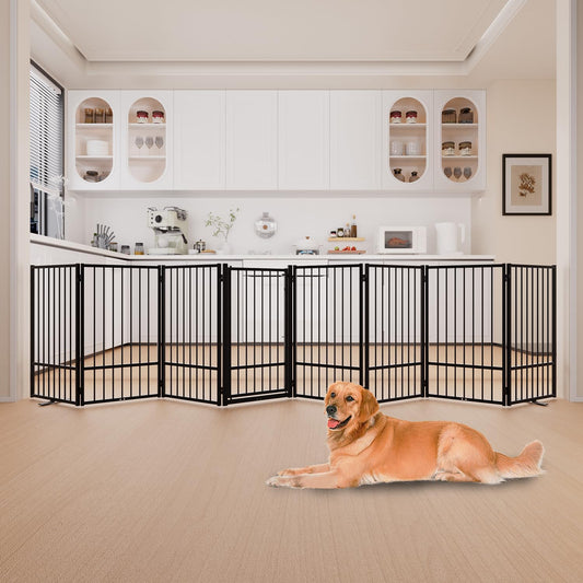 Full Metal Freestanding Dog Gate with Door, 36''Height Foldable Pet Dog Fence for Indoor & Outdoor, 8 Panels Extra Wide Free Standing TallDog Gates for Doorways,House,Stairs,Porch,Deck,Yard