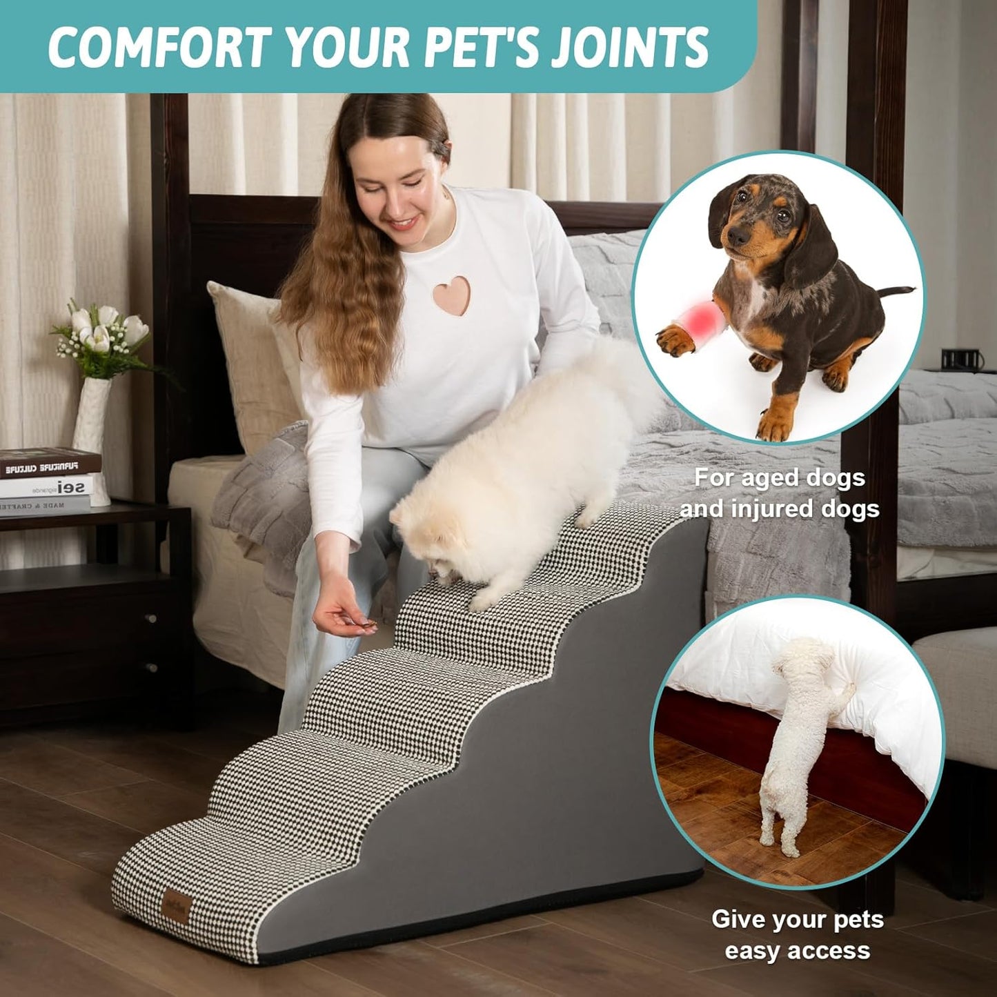 Dog Stairs for High Bed 22.6" H, Small Dog Step for Puppy, Older or Cat, Curved Ramp for Car, Ladder with High Density Foam, Lightweight, Durable, 15.7x33x22.6 inch, 5 Step, White Black - Pawvie
