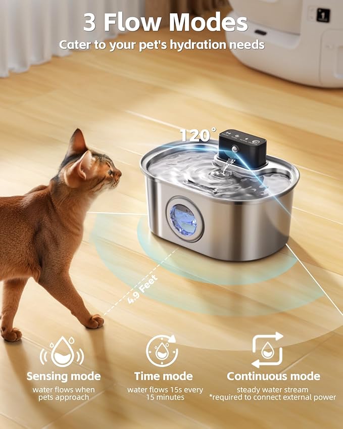 Cat Water Fountain Cordless, Stainless Steel Pet Water Fountain Wireless – 3.2L/108oz Battery Operated Automatic Water Dispenser for Cats Indoor, with Motion Sensor & Quiet Pump (4 Filter & Sponge)