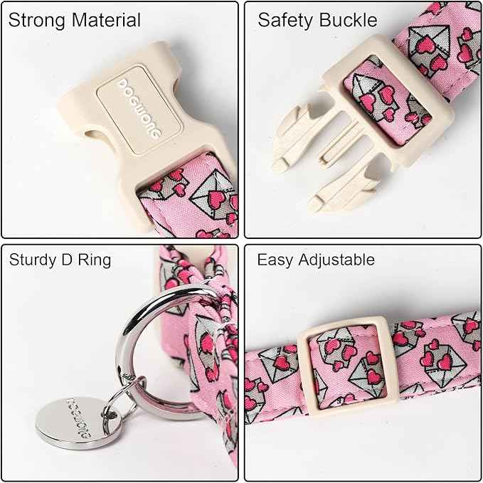 DOGWONG Valentine's Day Love Letter Collar, Adjustable Durable Pink Heart Collar for Small Medium Dogs