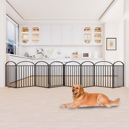 8 Panles Full Matel Freestanding Dog Gates with Door, 192"Extra Wide 32"Tall Free Standing Dog Pet Gate for Indoor & Outdoor. Foldable Pet Fences for Doorways, House, Stairs, Porch, Deck, Yard