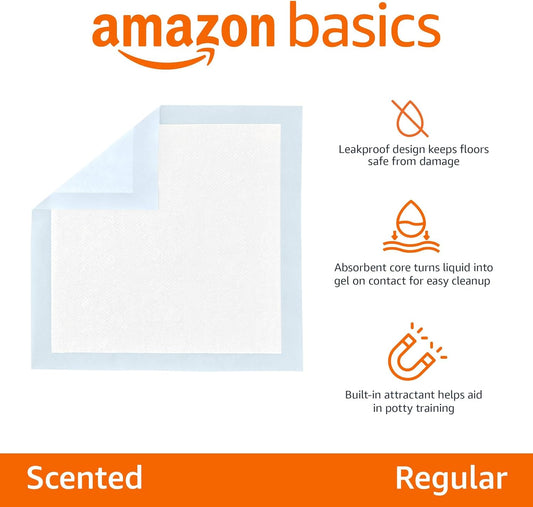 Amazon Basics Scented Dog and Puppy Pee Pads, 5-Layer Leak-Proof Super Absorbent, Quick-Dry Surface, Potty Training, Regular (22x22"), 50 Count, Blue & White