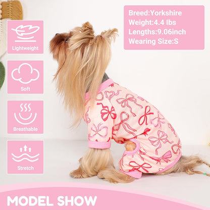 Dog Pajamas Small Sized Dogs Stretchable Summer Dog Clothes Pjs 4 Legs Girl Boy Cute Soft Puppy Outfits Doggie Cat Jammies Jumpsuit Sleeper for Pet (Bow Tie, Small)