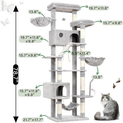 Cat Tree for Large Cats, 78.7"(200cm) Tall Cat Tower for Indoor Cats Multiple Cats with Large Top Perch, Cat Condo, Cat Hammcok, Cat Scratching Post, Light Gray GCT031W