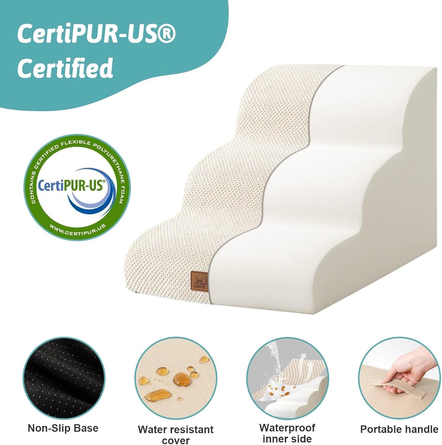Dog Stairs for Small Dogs 15.7" H, Curved Dog Step for Puppy, Older Cat, Medium Pet Ramp for Sofa, Couch or Chair, Ladder with High Density Foam, 15.7x22.4x15.7 inch, 3 Step, Beige - Pawvie