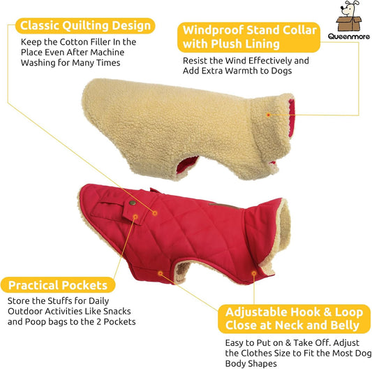 Queenmore Warm Dog Coat, Cold Weather Puffer Jacket with Ultra Thick Plush Lining and Storage Pockets (Red, Large)