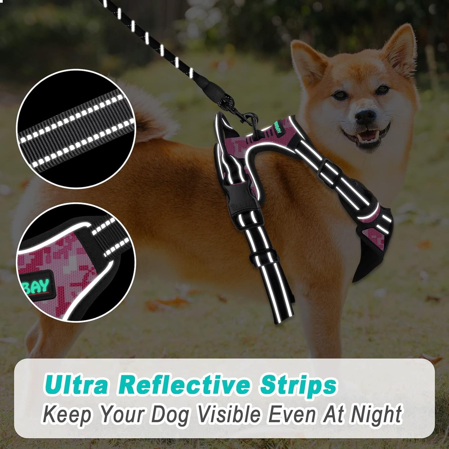 BARKBAY No Pull Dog Harness Large Step in Reflective Dog Harness with Front Clip and Easy Control Handle for Walking Training Running(Pink camo,S)