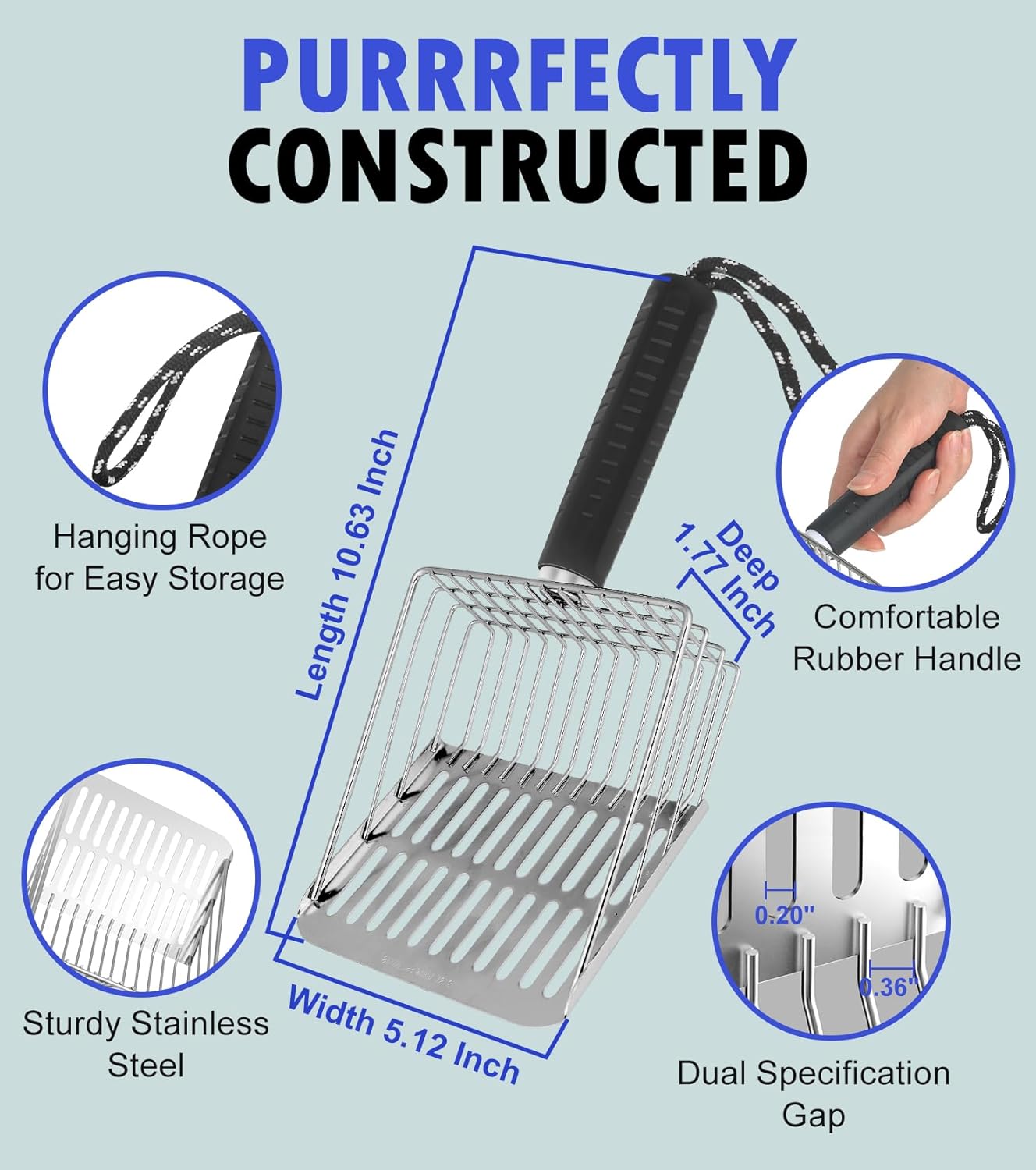 2PCS Cat Litter Scoop, Solid and Durable Kitty Metal Scooper, Stainless Steel Sifter, Heavy Duty, for Litter Box, Black Rubber Handle, Included Stainless Steel Hook