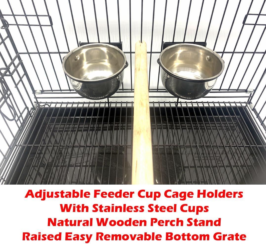 Durable Easy Portable Collapsible Metal Travel or Veterinary Collapsable Parrot Bird Carrier Beaks-Proof Easy Clean Carrier Cage with Stainless Steel Feeder Bowls Natural Wooden Perch
