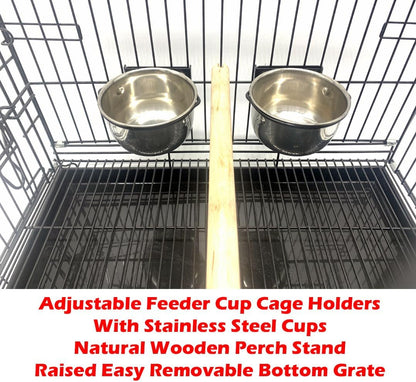 Durable Easy Portable Collapsible Metal Travel or Veterinary Collapsable Parrot Bird Carrier Beaks-Proof Easy Clean Carrier Cage with Stainless Steel Feeder Bowls Natural Wooden Perch