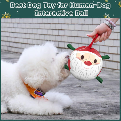 QDAN Christmas Dog Balls with Straps, Soccer Ball for Dogs for Small Medium Breed, Tug Toys for Dog Birthday, 6" Outdoor Dog Toys for Fun
