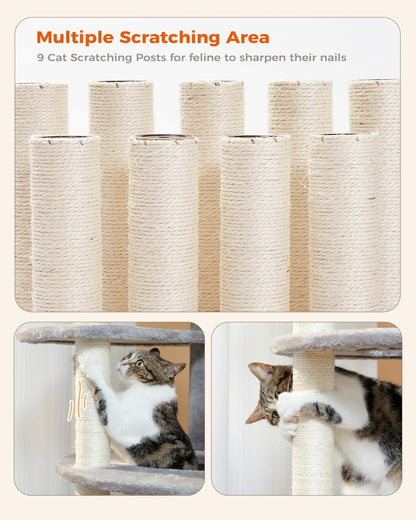 PETEPELA 61" Cat Tree for Indoor Cats, [6-Levels] Cat Climbing Tower with 9 Sisal Scratching Posts and Replaceable Dangling Ball &Top Perch, Grey