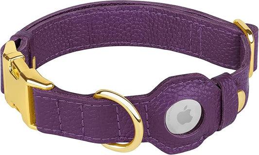 Leather Airtag Dog Collar - Soft Tracking Dog Collar with Apple AirTag Holder and Metal Buckle - Safety GPS Pet Collars for Small Medium Large Dogs Puppy Pink Red (Purple, XS, 9"-12" Neck Fit)