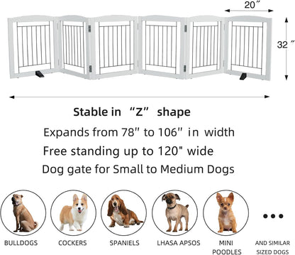 ZJSF Freestanding Dog Fence Indoor, Foldable Dog Gate for Doorways, Stairs or Hallways, Sturdy Wood Extra Wide Pet Gate with Support Feet for The House, White, 32 "Height-6 Panels