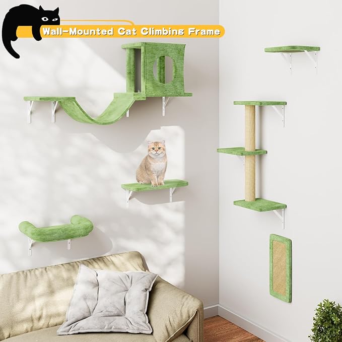 NUNU LAB Wall Mounted Cat Wall Shelves, 12-in-1 Cat Wall Climber with Condos House, Scratching Post, Bridge Ladder, Indoor Space-Saving Furniture for Kittens Play, Green