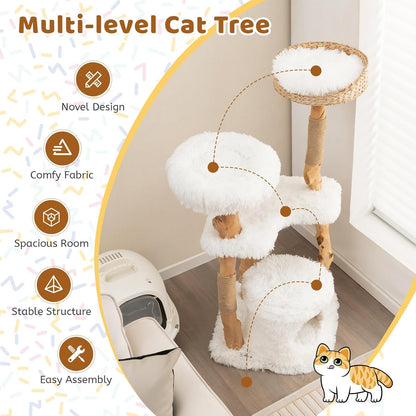 Tangkula Cat Tree Tower, Solid Wood Modern Cat Tower with Top Cattail Basket Bed, Side Perch, Large Platform & Condo, Cute Cat Tree with Scratching Posts for Indoor Cats Large Adult