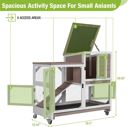GUTINNEEN Rabbit Hutch Indoor Outdoor 2 Story Bunny House on Wheels Wood Rabbit Cage with 2 Pull Out Trays Guinea Pig Cage