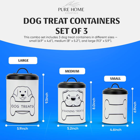 PURE HOME ESSENTIALS Metal Dog Treat Containers with Lids (Set of 3) â Customizable Chalk Labels & Chalk Included â Dog Food Storage/Dog Treat Jars for Kitchen Counter