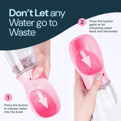 MalsiPree Leak-Proof Portable Dog Water Bottle for Travel - 19 oz, with Pink Bowl - Food Grade Plastic - Dog Bowls - Puppy Essentials - Pet Water Bottle