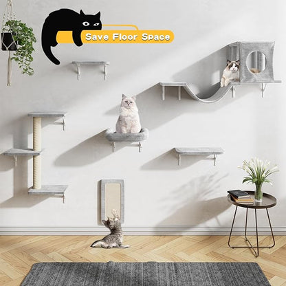 NUNU LAB Wall Mounted Cat Wall Shelves, 12-in-1 Cat Wall Climber with Condos House, Scratching Post, Bridge Ladder, Indoor Space-Saving Furniture for Kittens Play, Gray