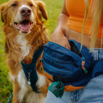 Wilderdog Utility Fanny Pack stores Treats, Balls, Keys in 3 Pockets with adjustable strap and Poop Bag dispenser (Pacific Blue) - Pawvie