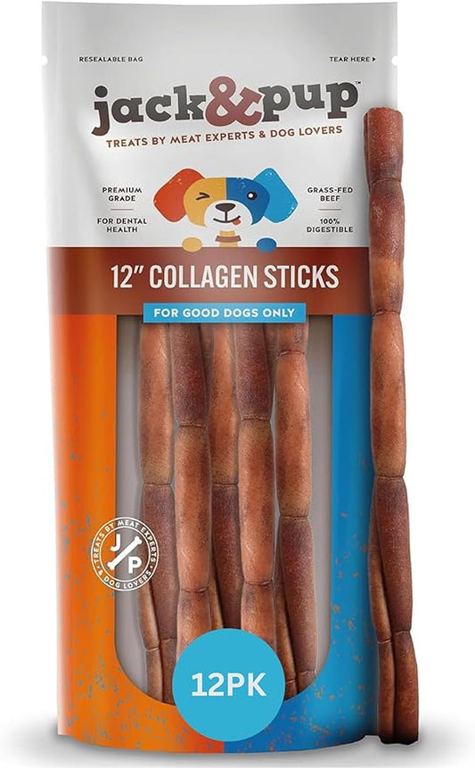 Jack&Pup 12" Beef Collagen Sticks for Dogs | Rawhide Free Dog Chews Long Lasting | Single Ingredient Healthy Dog Treats for Medium Dogs | Bully Stick Alternative (12 Pack)