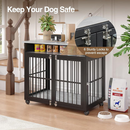 39.4" Dog Crate Furniture for Medium and Large Breed, Dog Kennel Furniture with Storage Shelf & Lockable Wheels, Heavy Duty Wooden End Side Table Pet Cage Indoor, Chew-Resistant, Grey
